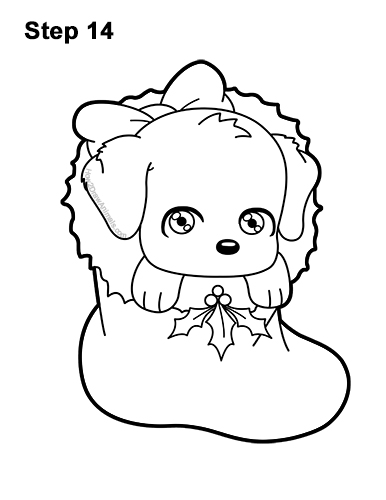 How to Draw a Cute Cartoon Puppy Dog Christmas Stocking Chibi Kawaii 14